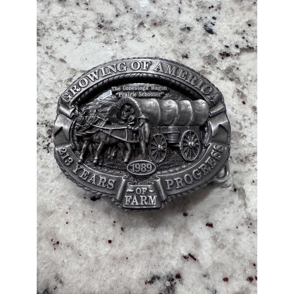 Frontier Covered Wagon Belt Buckle 213 Yrs of Farming # LE Vtg 80s NASCO .GTA544